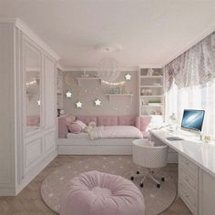 a room with a bed, desk and computer on it's side in front of a window