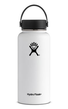 the hydro flask water bottle is white with black lid