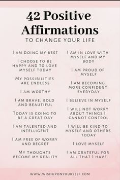 a pink poster with the words 42 positive affirmations to change your life