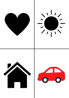 four different types of symbols with the sun, house and car