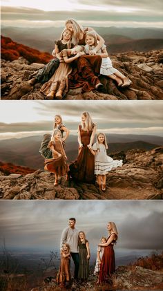 A family of five during their golden hour family’s photos in the Blue Ridge Mountains. Scenic Family Photos, Wyoming Family Photos, Family Photography Mountains, Epic Family Photos, Fall Family Photos Mountains, Dark Fall Family Photos, Mountain Family Photos Outfit, Family Photos In Mountains, Family Of 5 Fall Picture Outfits