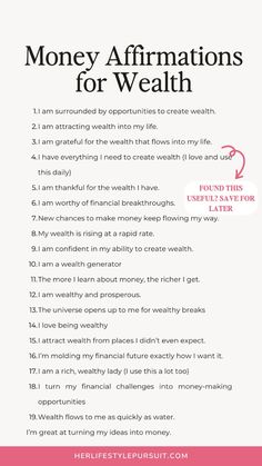 a pink and white poster with the words money affirmationss for health on it