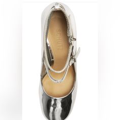 Brand New In Silver! Metallic Patent Leather Heels With Round Toe, Metallic Round Toe Patent Leather Heels, Silver Heels With Round Toe, Metallic Heels With Reinforced Heel And Round Toe, Pink Kitten Heels, Ankle Wrap Heels, Cream Heels, Transparent Heels, Strappy Block Heels