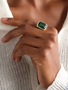 Octavia Elizabeth's signature hammered finish is something of a happy accident - it was created when the designer mistakenly ran a diamond-tipped tool along an engagement ring, creating the unique texture that eventually became her signature. This 'Tribute' ring is handcrafted from 18-karat recycled gold and bezel-set with a glowing emerald. Wear it on your index finger for the most impact. Emerald Jewelry Ring, Gold Emerald Ring, Elizabeth Jewelry, Emerald Ring Gold, Index Finger, Beauty Sets, 70s Inspired, Emerald Jewelry, Watch Gifts