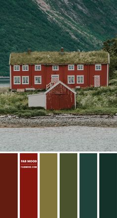 a red house with grass on the roof and windows is shown in color swatches