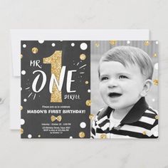 a black and gold first birthday photo card with the number one on it's front