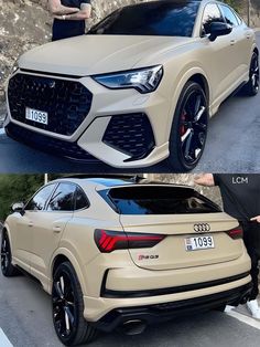 two pictures of the same car, one is beige and the other has black rims