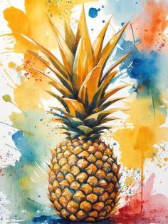 a painting of a pineapple with watercolor splatters on the back ground