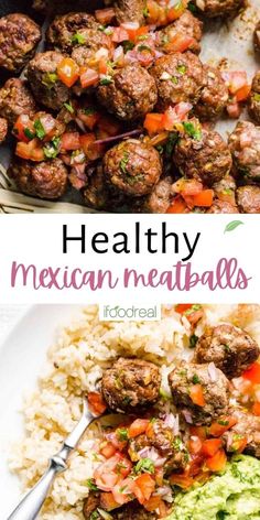 healthy mexican meatballs with guacamole and tomatoes on top are served over rice