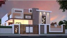 this is a 3d rendering of a modern house in the evening time with lights on