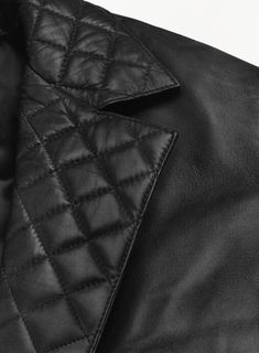 Indulge in elegance and individuality with the Harper Leather Blazer.  Handcrafted from premium leather, its luxurious feel and durability elevate your wardrobe to new heights.  The distinctive quilted lapel adds a modern touch to the timeless classic.  Custom-tailored for a perfect fit. Make a lasting impression. Elegant Quilted Outerwear For Work, Elegant Quilted Outerwear For Office, Quilted Fitted Leather Jacket, Quilted Fitted Leather Jacket For Work, Blue Linen Shirt, Grey Wool Suit, Brown Corduroy Jacket, Cashmere Jacket, Brown Tweed