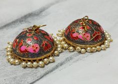 Beautiful Enamel Art Jhumka. Jaipuri Meenakari Earrings. Handmade Earrings. Light Weight Earrings. Closure- Ear wire. White Pearl Jhumka Earrings. Anniversary/Wedding Earrings. Pink Jhumka, Meenakari Earrings, Enamel Art, Jhumki Earrings, Traditional Earrings, Jhumka Earrings, Traditional Indian, Light Weight Earrings, Anniversary Wedding