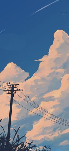 the sky is filled with clouds and power lines