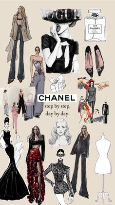 a bunch of different types of clothes and shoes with words above them that read, chanel step by step day by day