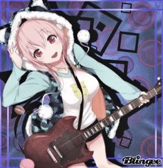 an anime character with a guitar in her hand