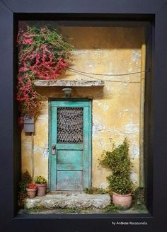 a painting of a blue door and potted plants