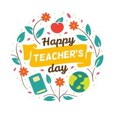 a happy teacher's day card with flowers, books and an apple in the center