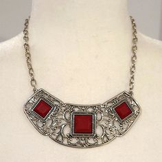 Color: Red, Silver Style: Western Length: 9"L Red Metal Necklaces For Party, Trendy Red Metal Necklaces, Trendy Red Metal Necklace, Bohemian Red Metal Jewelry, Red Adjustable Necklace For Fashion, Red Bib Necklace As Gift, Nickel-free Red Metal Necklace, Elegant Red Bib Necklace For Party, Red Bohemian Necklace For Formal Occasions