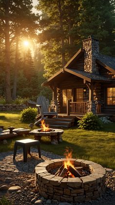 an outdoor fire pit in front of a log cabin with picnic tables and chairs around it