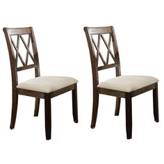 two wooden dining chairs with white upholstered seat cushions on each side, one in brown and the other in beige fabric