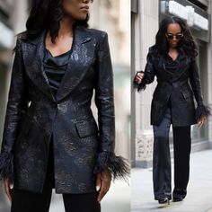 Black Jacquard Blazer Set Jacquard Blazer, Feather Trim, Satin Pants, Long Sleeves, High Waisted, Trim, Blazer