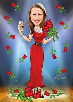 a caricature of a woman in a red dress holding a glass of wine