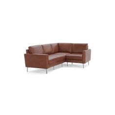 a brown leather sectional sofa with chrome legs and footrests on an isolated white background