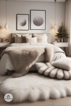 a bed with white fur on it and two pictures hanging above the headboard,