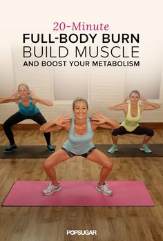 a group of women doing yoga poses with the words 20 minute full body burn build muscle and