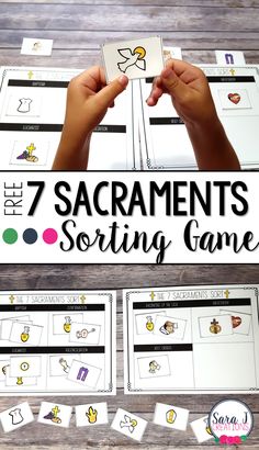 the seven sacramentos sorting game is shown with hands on it and four separate cards