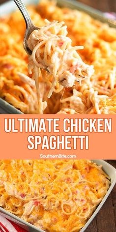 the ultimate chicken spaghetti casserole in a white dish with a spoon full of it