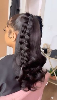 𝘧𝘰𝘭𝘭𝘰𝘸 𝘧𝘰𝘳 𝘮𝘰𝘳𝘦 𝘤𝘶𝘵𝘦 𝘱𝘪𝘯𝘴 ☁️ Hairstyles To Get Done At The Salon, College Back To School Hairstyles, Silk Press With Fishtail Braid, Frontal Wig Hairstyles Medium Length, Phony Pony Hairstyles, Sweet 16 Birthday Hairstyles, Princess Ponytail Hairstyles, 2 Braids Into A Ponytail, Bad B Hairstyles