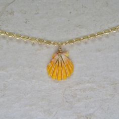 Hawaiian Sunrise Shell Necklace, Gold Chain Choker, Orange Rare Seashell, Hawaii Jewelry, Handmade Maui, Wire Wrapped, Beach Lover Gift Idea Gold Wire Wrapped Necklace For The Beach, Gold Wire-wrapped Necklaces For The Beach, Gold Wire Wrapped Shell Necklace, Handmade Yellow Gold Necklaces For The Beach, Beach Art Crafts, Sunrise Shell, Choker Handmade, Hawaii Jewelry, Gold Chain Choker