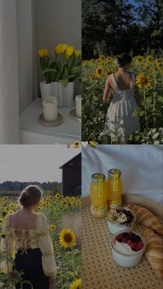 the woman is standing outside in front of sunflowers and other things to eat