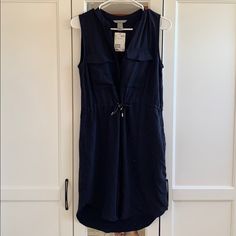 Navy Blue Dress With Drawstring Belt. 2 Front Pockets - Unopened Pink Sparkly Mini Dress, Black Sequin Mini Dress, Sparkly Mini Dress, Bodycon Tank Dress, Split Hem Dress, High Neck Mini Dress, Dungaree Dress, Metallic Mini Dresses, Blue Sleeveless Dress