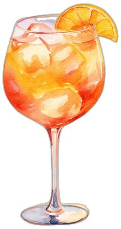 a watercolor painting of a drink with an orange garnish on the rim