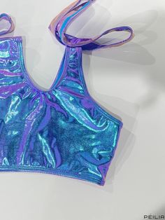 Peilia - Holographic Metallic Glossy Fabric Lace-Up 2-Piece Set Bikini with Tie Front Cut Out Halter Garter - Y2K Party Style Swimsuit, Womens Swimwear and Clothing Multicolor Stretch Party Sets, Blue Beachwear Party Set, Summer Crop Top For Costume Party, Multicolor Halter Neck Crop Top For Party, Purple Stretch Swimwear For Party, Stretch Purple Swimwear For Party, Multicolor Triangle Halter Top For Party, Stretch Halter Top For Beach Party, Sleeveless Beachwear Set For Party