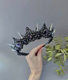 ❤ Beautiful purple and black crystals bridal crown, gothic tiara for your special day! Spiked crown made of elegant purple and black crystals, metal beads and black jewelry wire. ❤ Gothic crown is the perfect wedding hair accessory for the bride. ❤ Perfect for brides and bridesmaids! It is a perfect way to add glamour and sparkles to your wedding updo. ❤ Handmade ❤ You are welcome with custom inquiries Gothic Wedding Hair, Gothic Wedding Headpiece, Gothic Crown Headpiece For Wedding, Wedding Crown Goth, Black Tiara Gothic, Black Mystical Crown Headpiece, Gothic Structured Crown For Festivals, Vampire Hair