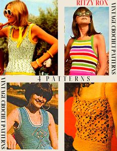 THIS DIGITAL DOWNLOAD CONTAINS 4 PATTERNS. All Patterns are for sizes S/M/ L. Patterns are worked in single, double, half double and treble crochet.   1. Lace Motif Tank. Sizes 32-34-36 Bust. Motif is done in double and treble crochet. 2. Striped Camisole . Sizes 36-38 Bust. Pattern is worked in double and half double      crochet. 3. Blue Tank Top with Filet Crochet Detail. Sizes 32-34-36 Bust. Pattern made with double      and treble crochet. 4. Tweed Scoop Neck Tank. Sizes 32-34-36-38 Bust. Tank is done in mostly half double and       single crochet.  Measurements can be altered for bigger sizes. (Instructions are not included)  These are Vintage 1970's Fashion Patterns. THIS IS AN INSTANT DOWNLOAD -  You'll receive your pattern/s as soon as your order is confirmed. You will find a link Retro Stretch Summer Tank Top, Retro Stretch Tank Top For Summer, Fitted Retro Tank Top, Retro Tank Vest, Retro Tank Vest Top, Retro Tank Top Vest, Vintage Stretch Summer Tops, Vintage Stretch Tops For Summer, Spring Vintage Stretch Tank Top