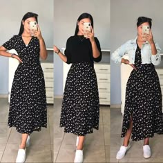 three pictures of a woman taking a selfie with her cell phone and wearing a black floral dress