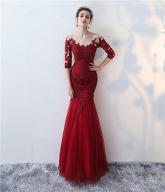 Burgundy lace tulle long prom dress, long sleeve evening dress · Dress idea · Online Store Powered by Storenvy Evening Dresses Long Simple, Modern Prom Dresses, Royal Ball Gowns, Chic Prom Dresses, Mermaid Prom Dresses Lace, Lace Prom Dress, Lace Formal Dress, Long Sleeve Evening Dresses, Long Prom Dresses