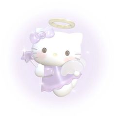 an image of a hello kitty with angel halo on it's head and purple dress