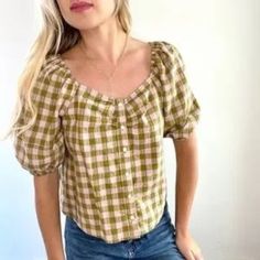 Universal Thread Pale Pink & Olive Green Gingham Top, New With Tags, Size Xxl. Button Closure, Puffy Sleeves With Elastic At Top & Bottom Of Sleeves. Can Be Worn Off The Shoulder. 100% Cotton. 16" Shoulder To Shoulder, 23" Pit To Pit, 23" In Length, 13" Sleeve If The Price I Have Listed Doesn't Work Well For You, Make Me An Offer That You Think Is Fair. I Accept Most Offers. I'm Confident We Can Make A Deal! Wrap Top Blouse, Gingham Top, Pink Olive, Green Gingham, Gingham Tops, Puff Long Sleeves, Front Tie Shirt, Tie Front Blouse, Ruffle Shirt