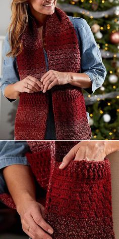 a woman wearing a red crocheted vest and smiling at the camera while holding her hands together in front of a christmas tree