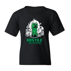 No one likes hostile behavior, but every gamer will love adding this Minecraft Jolly Mobs Hostile Behavior Kids Short Sleeve T-Shirt to their wardrobe! Available in multiple colors and featuring a Creeper, this tee is an outfit staple for any Minecraft gamer. This comfortable tee is a must have! Made of: 100% Pre-Shrunk Cotton Care: Machine wash cold inside out with like colors and tumble dry low. Additional Information: Taped neck and shoulder seams for durability Casual Short Sleeve T-shirt For Gaming Events, Casual Tops With Letter Print For Gaming Events, Casual Letter Print Top For Gaming Events, Casual Top With Letter Print For Gaming Events, Black Cotton T-shirt For Gaming Events, Clothing Staples, Kids Shorts, Minecraft, Inside Out