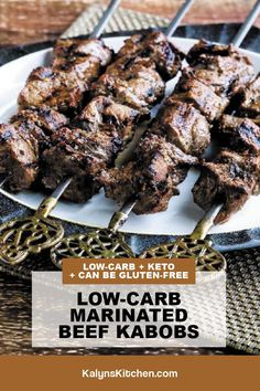 low carb marinated beef kabobs on a plate