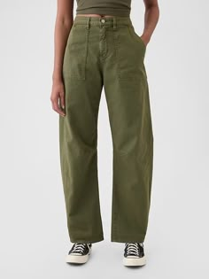 Mid Rise Twill Barrel Pants | Gap Utility Pants Outfit, Barrel Pants, Minimalistic Outfits, Olive Pants, Agricultural Practices, Carhartt Womens, Water Retention, Soil Health, Support People