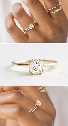 three different views of a woman's hand with two rings and one engagement ring