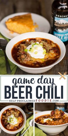 this game day beer chili is loaded with beef, beans and sour cream