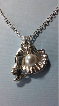 Mermaid is facing away...Mermaid Shell Necklace Faux Pearl Pendant Girls Necklace Mermaid Shell Necklace, Girls Necklace, Mermaid Shell, Shell Necklace